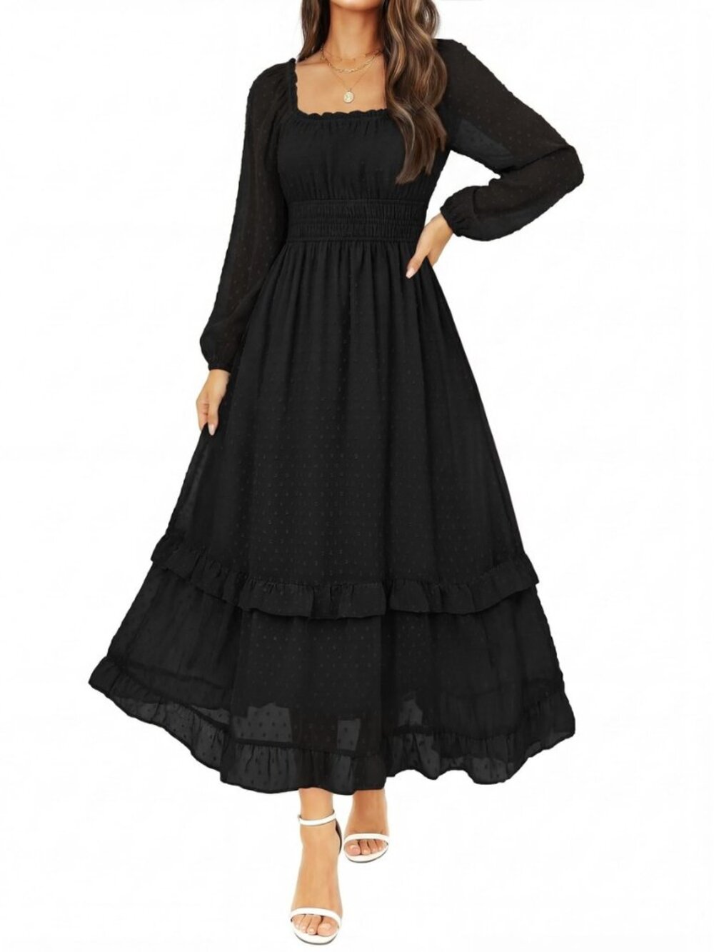 Womens Fall Swiss Dot Chiffon Square Neck Maxi Wedding Guest Dress